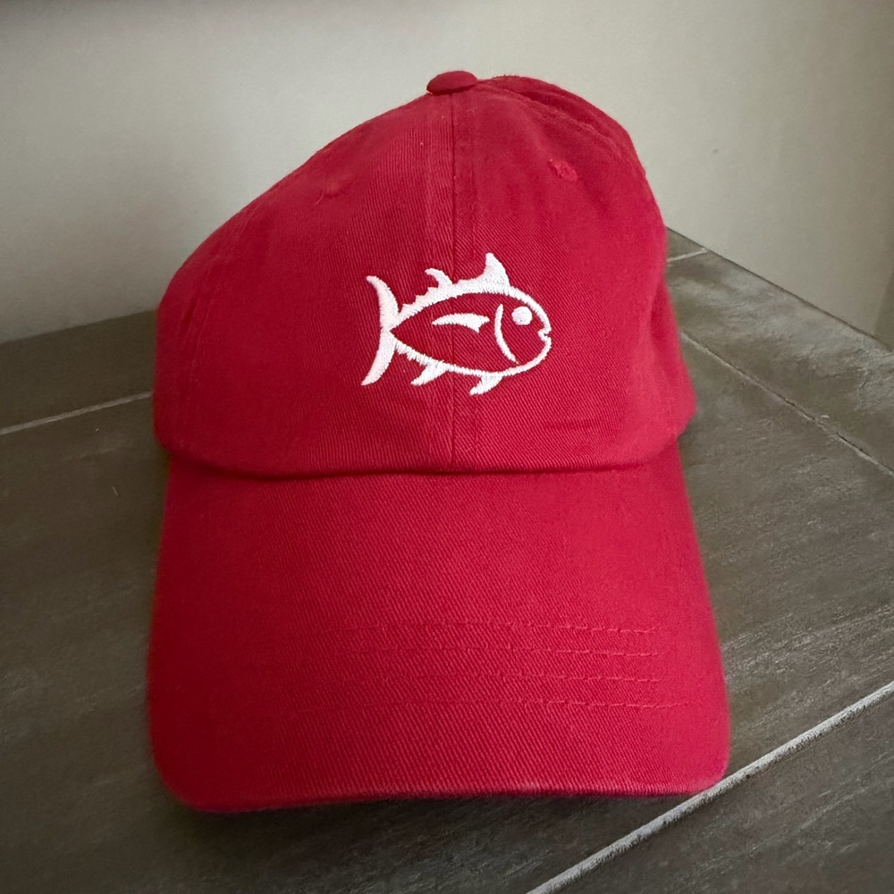 NWT- Southern Tide Red Baseball Cap with White Fish Logo